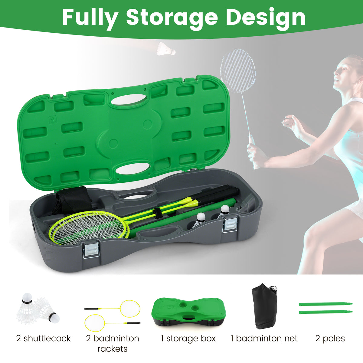 The badminton net set components including rackets and shuttlecocks inside the case