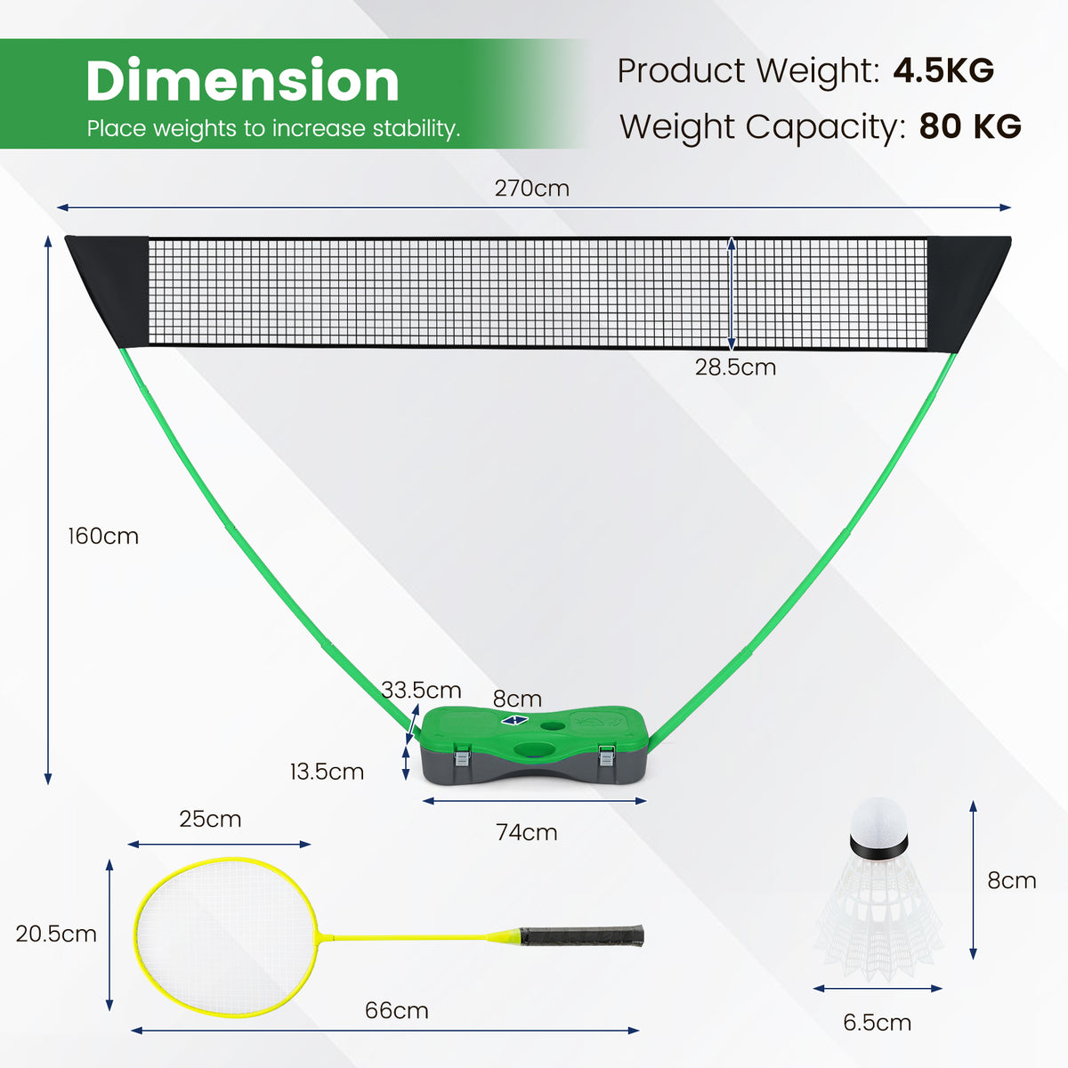 The badminton net set with white lines and text showing various measurements
