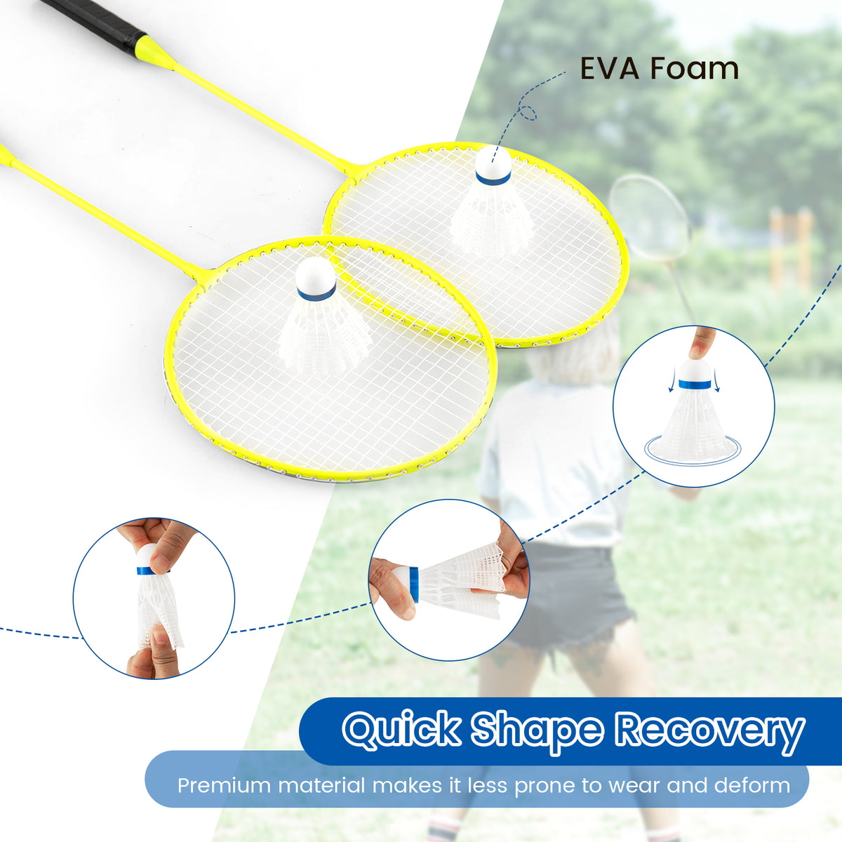Close up of the badminton shuttlecocks and rackets, highlighting their quick shape recovery and durable materials