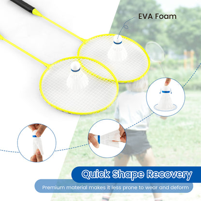Close up of the badminton shuttlecocks and rackets, highlighting their quick shape recovery and durable materials