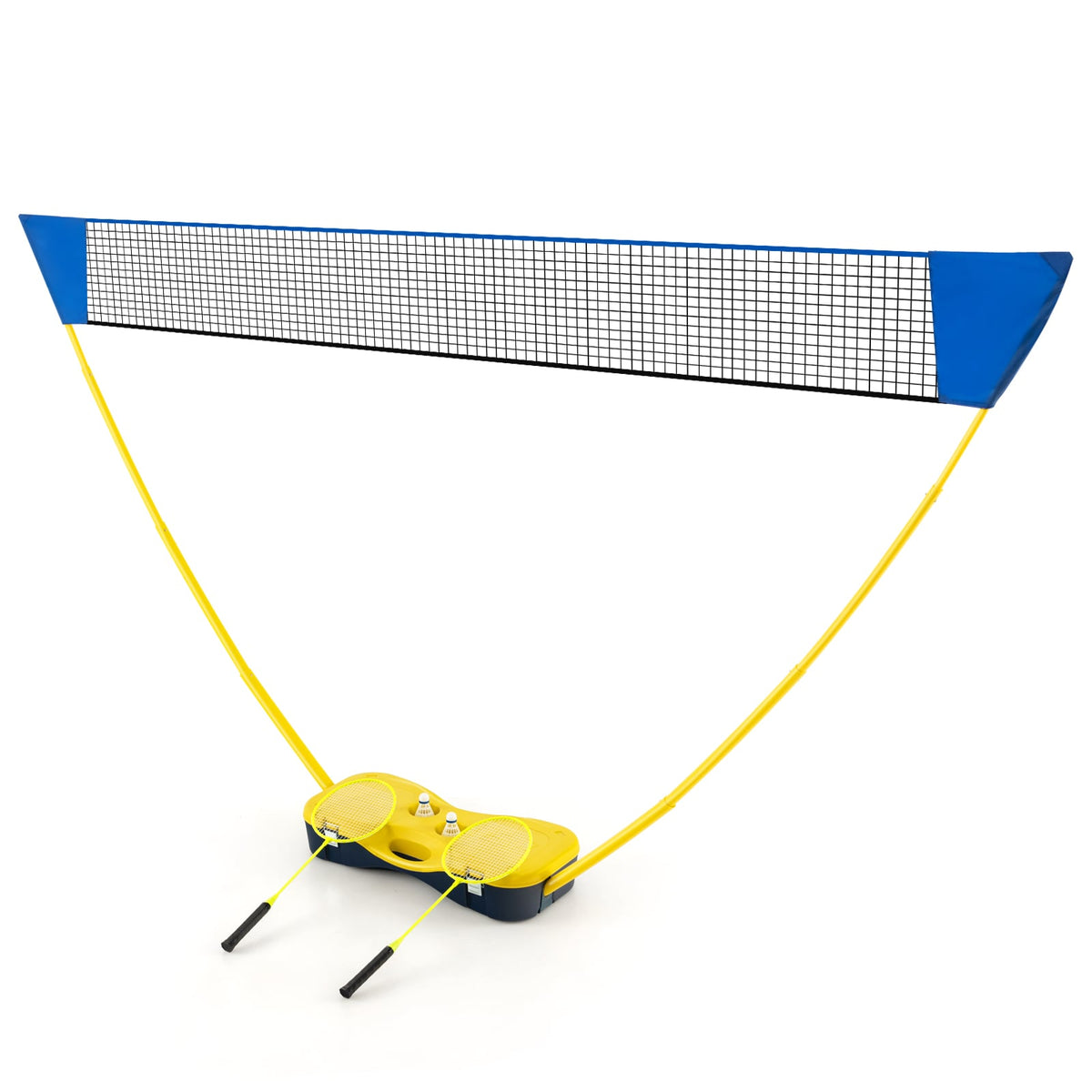 All-In-One Portable Badminton Net Set with Storage Base set up with two rackets and shuttlecocks on the yellow base