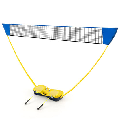 All-In-One Portable Badminton Net Set with Storage Base set up with two rackets and shuttlecocks on the yellow base