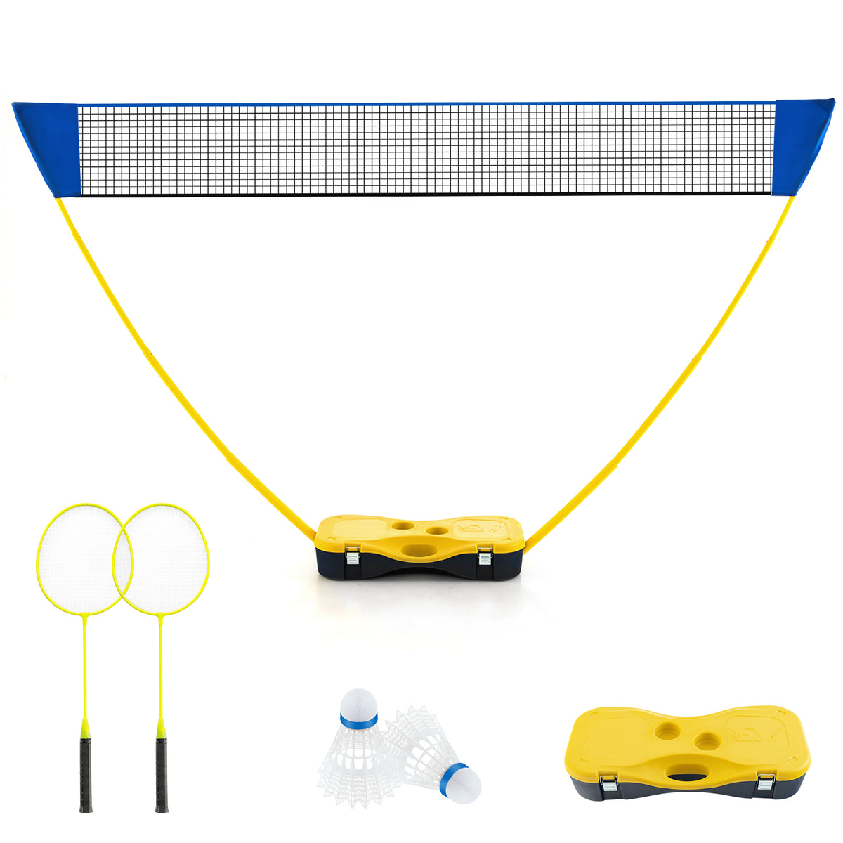 The portable badminton net set with two rackets and two shuttlecocks laid out on the yellow base