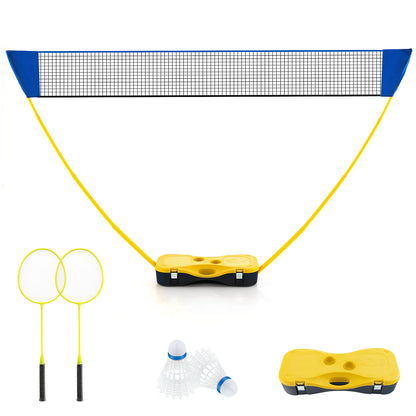 The portable badminton net set with two rackets and two shuttlecocks laid out on the yellow base