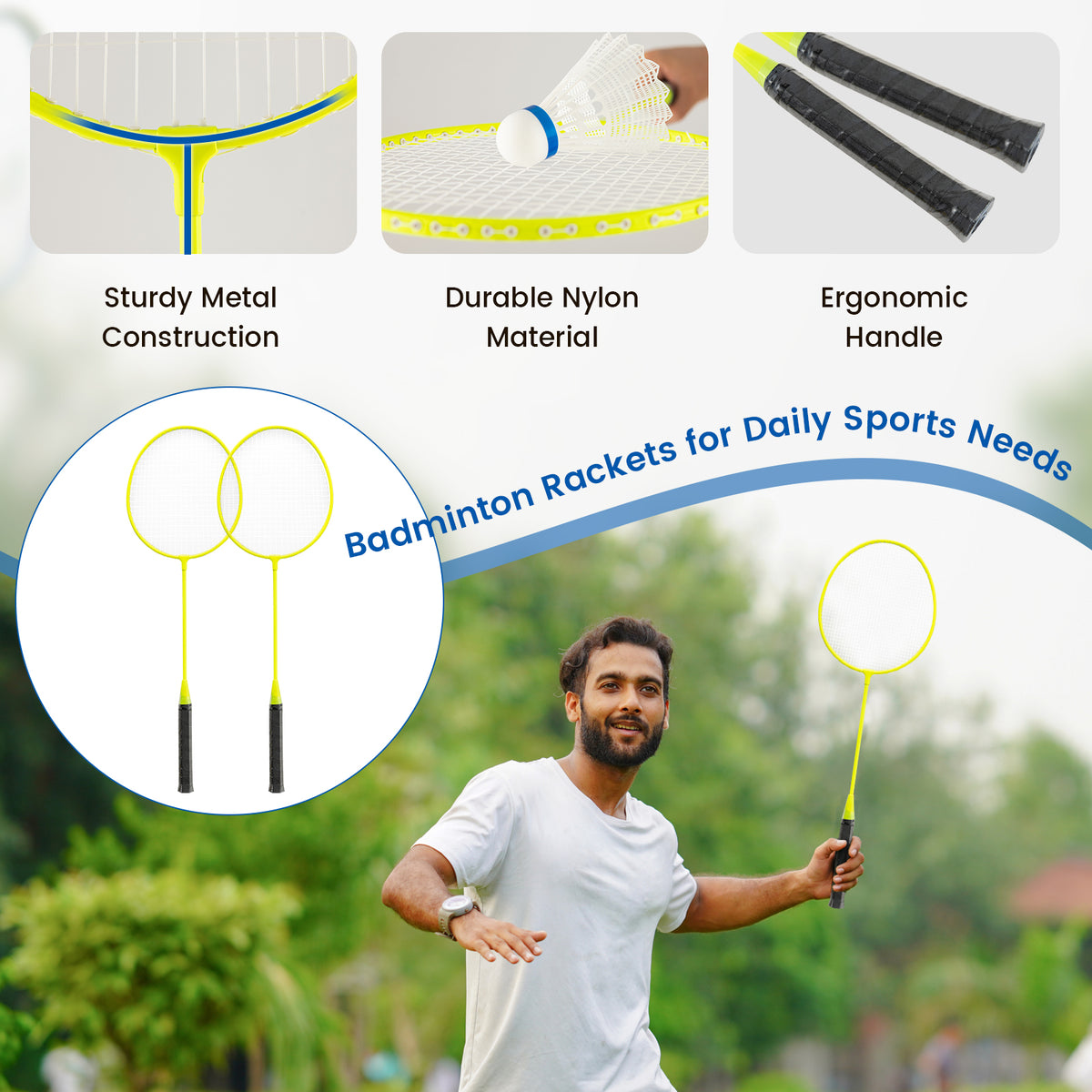 A man holding a yellow badminton racket, with close-ups of the racket's sturdy metal construction and ergonomic handle