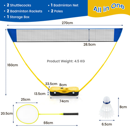Diagram showing the dimensions of the portable badminton net set and its components