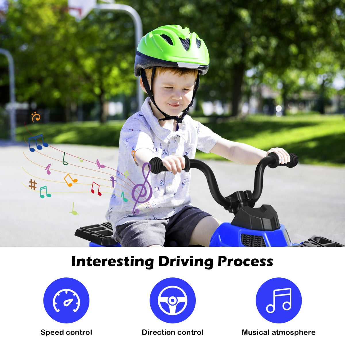 The blue kids electric quad bike features speed control, direction control and musical atmosphere