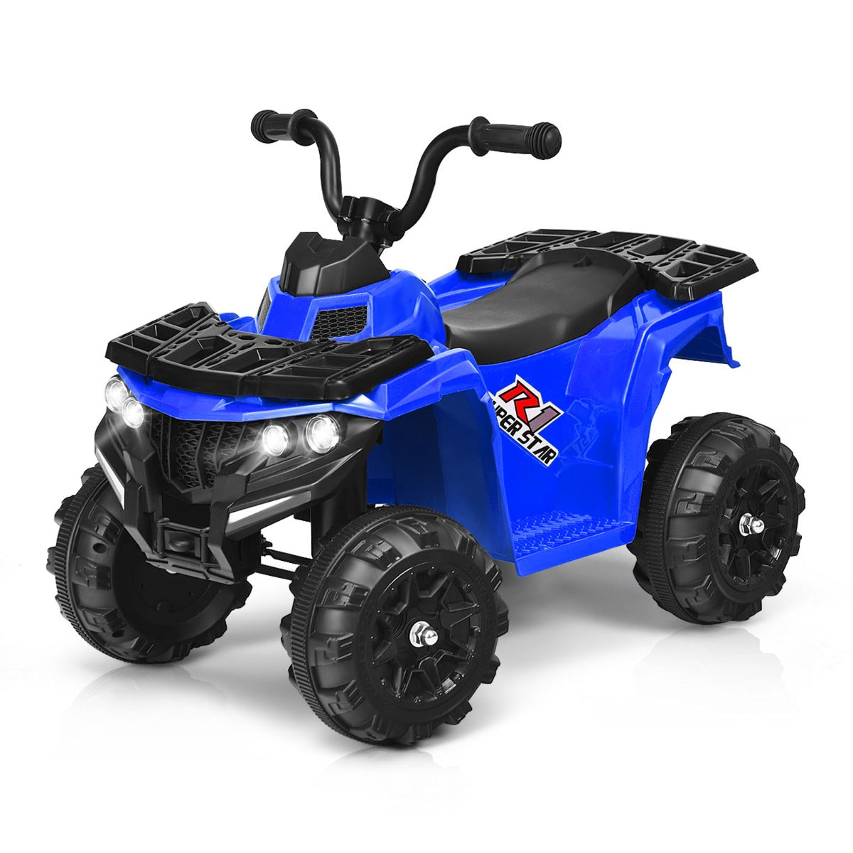 All Terrain Electric Quad Bike for Kids in blue, front three-quarter view with headlights on