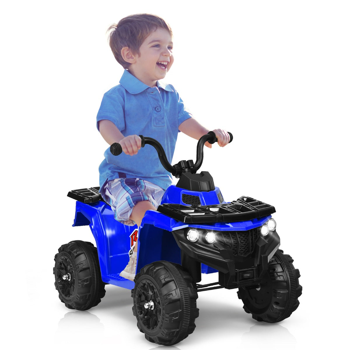 A smiling child sits on the blue kids electric quad bike, ready to ride