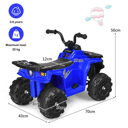 Dimensions of the blue kids electric quad bike shown with a child and a hot air balloon graphic