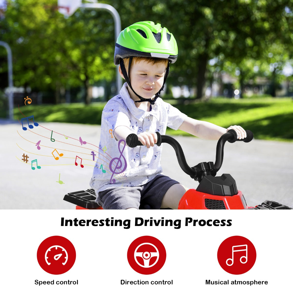 The kids electric car showing the handlebars and a child wearing a helmet with musical notes
