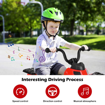 The kids electric car showing the handlebars and a child wearing a helmet with musical notes