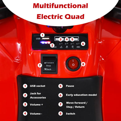 The kids electric car control panel with numbered labels for the USB port and power buttons