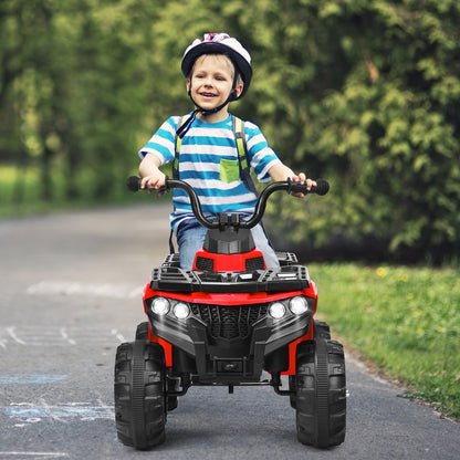 The kids electric car being ridden by a smiling boy wearing a helmet on a park pathway
