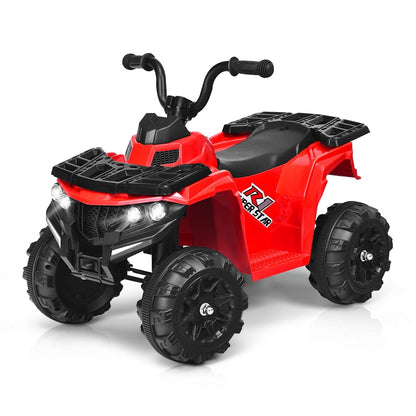 All Terrain Electric Quad Bike in bright red with black wheels and front lights on a white background