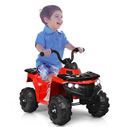 The kids electric car with a happy child sitting on the seat against a plain white background