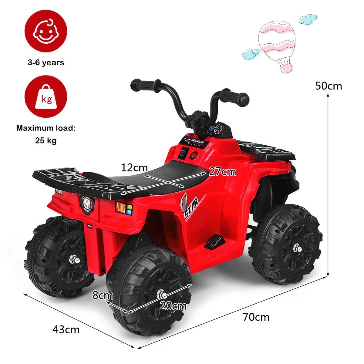 The kids electric car with dimension lines and labels showing height and width measurements