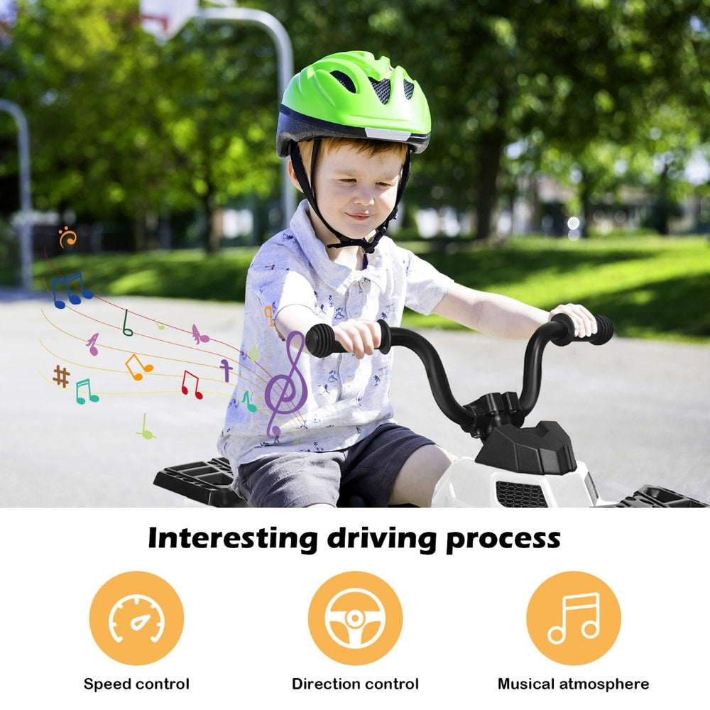 The kids electric quad bike features speed control, direction control, and musical atmosphere