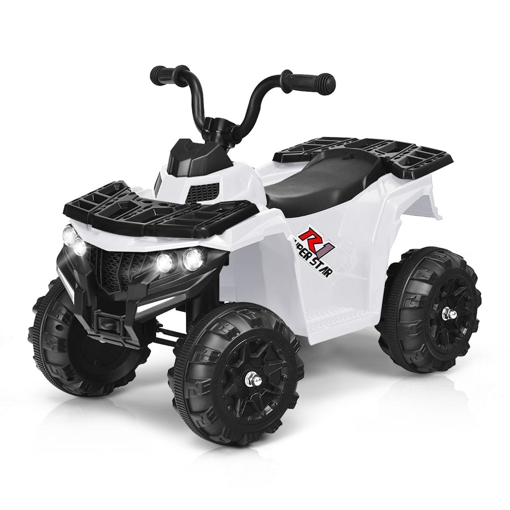 All Terrain Electric Quad Bike for Kids with MP3 and USB-White, a white ride-on quad bike with black handlebars and wheels