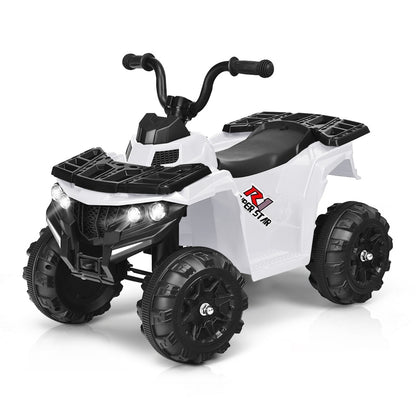 All Terrain Electric Quad Bike for Kids with MP3 and USB-White, a white ride-on quad bike with black handlebars and wheels