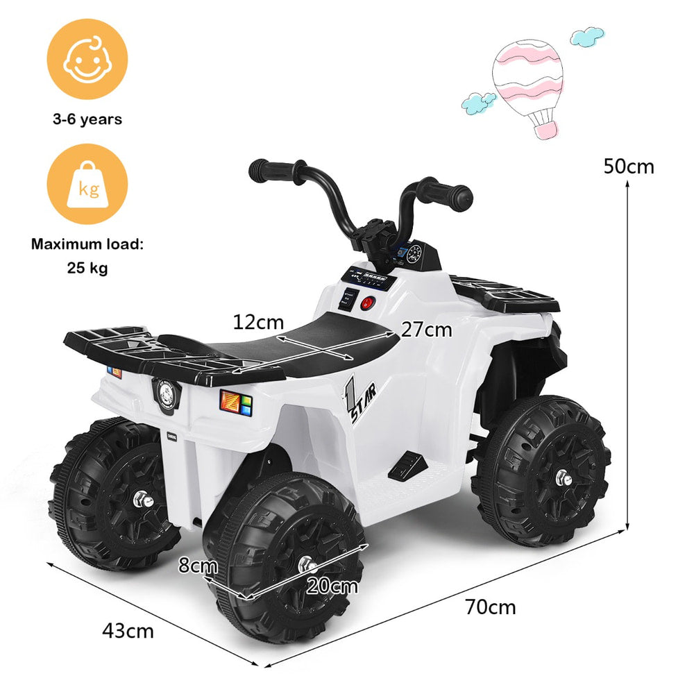 A white kids electric quad bike with dimensions and age suitability indicated