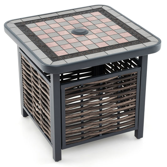All Weather Patio Square End Table with a tiled top and woven sides on a white background