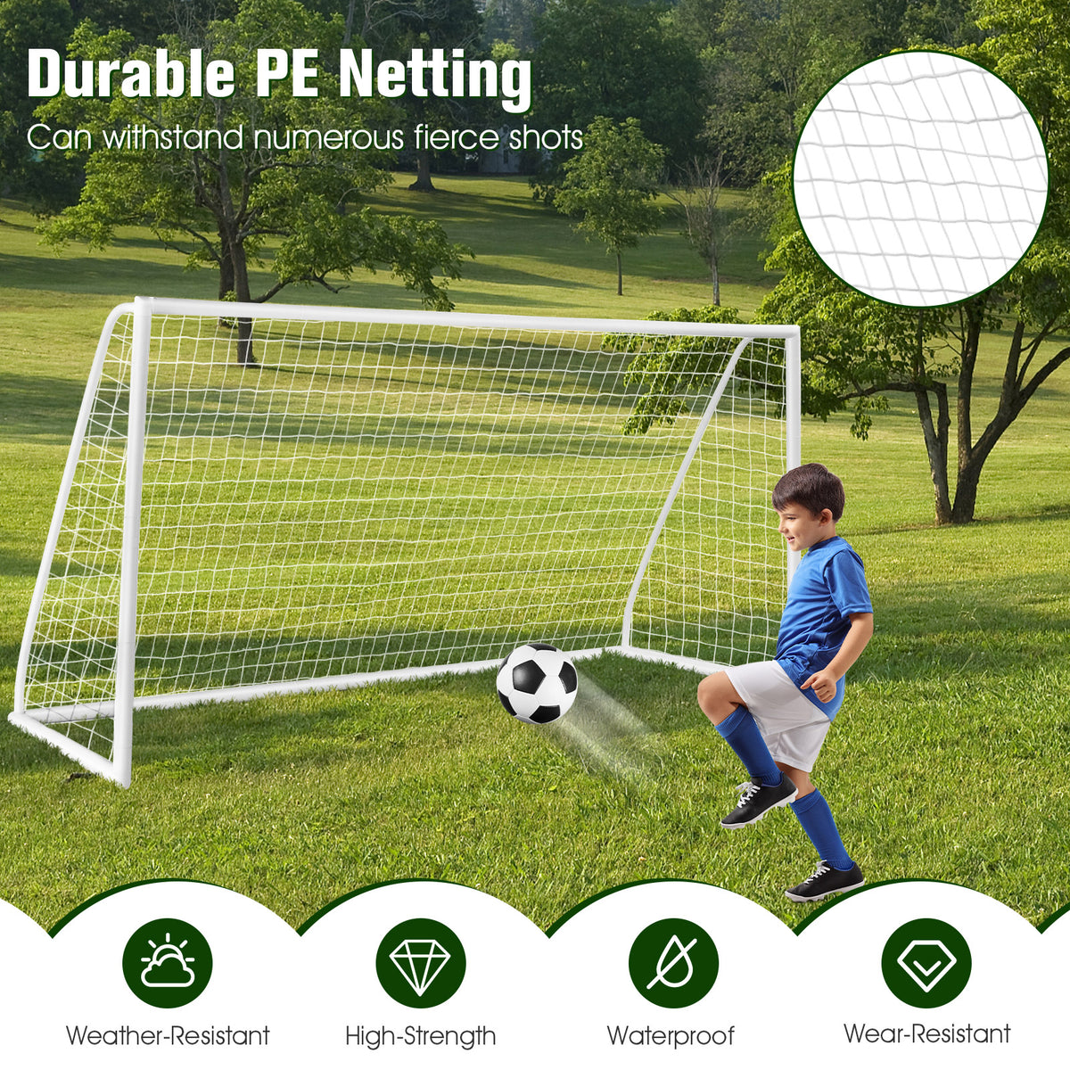The sport equipment on a field with icons highlighting its weather resistant features
