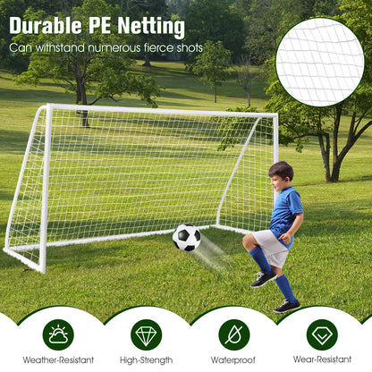 The sport equipment on a field with icons highlighting its weather resistant features