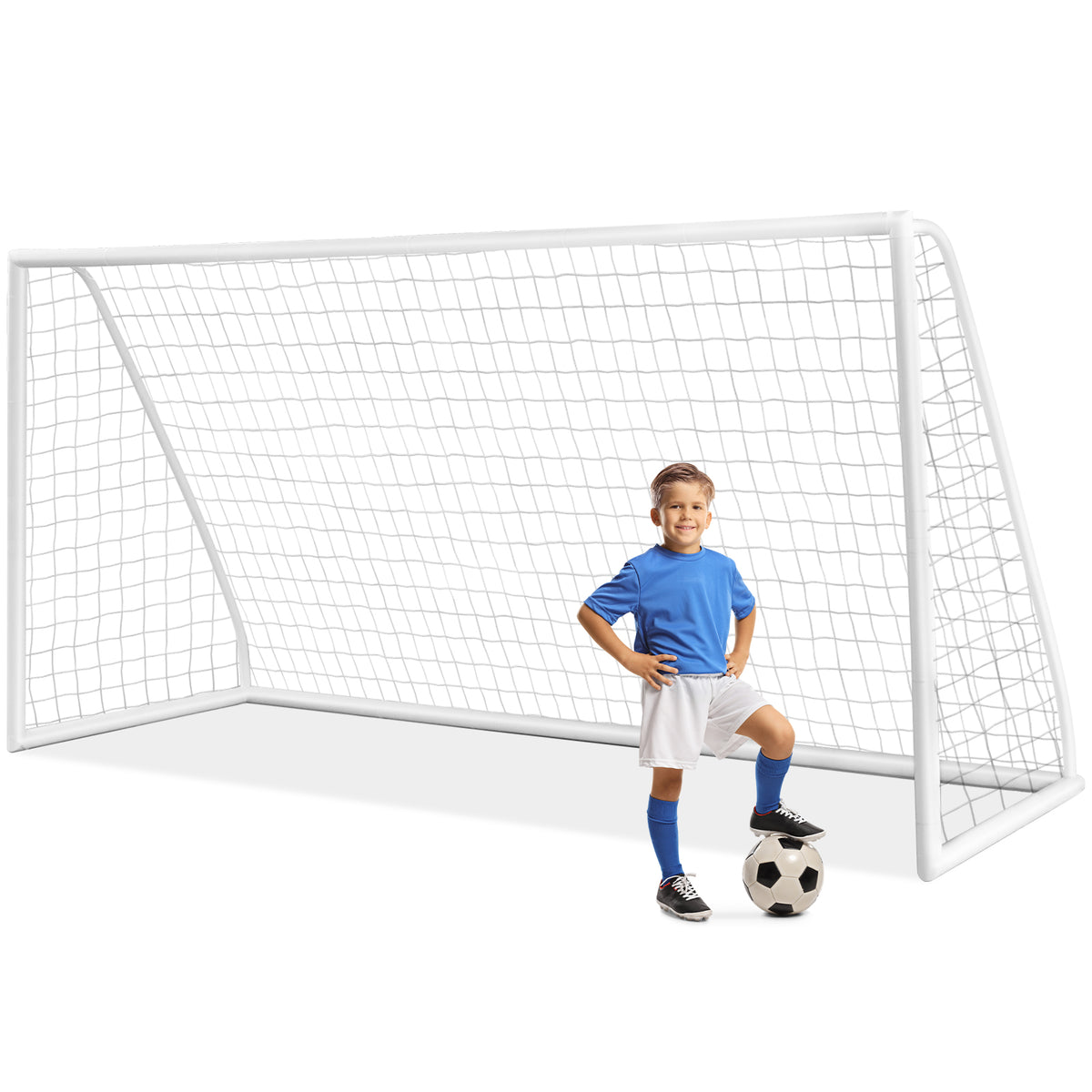 All-Weather Soccer Goal with a young boy standing in front of the white frame and netting