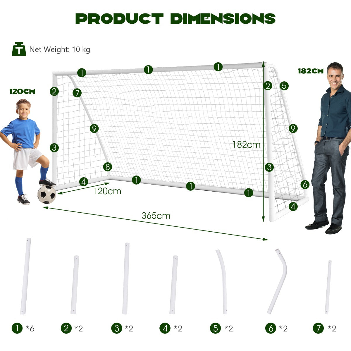 The white soccer goal frame and netting shown with a diagram of its parts and dimensions