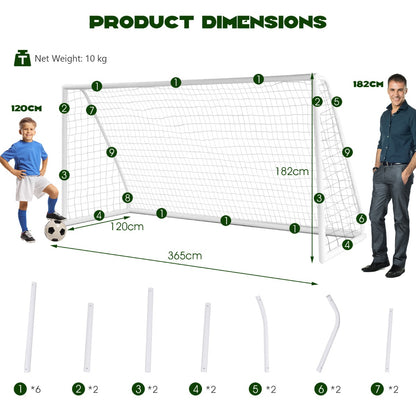 The white soccer goal frame and netting shown with a diagram of its parts and dimensions