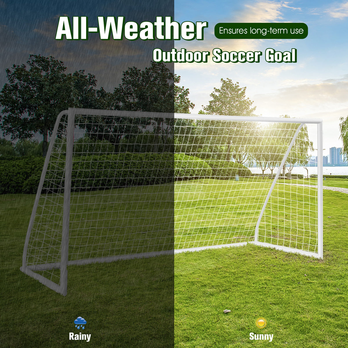 The sport equipment shown in both rainy and sunny weather conditions on a field
