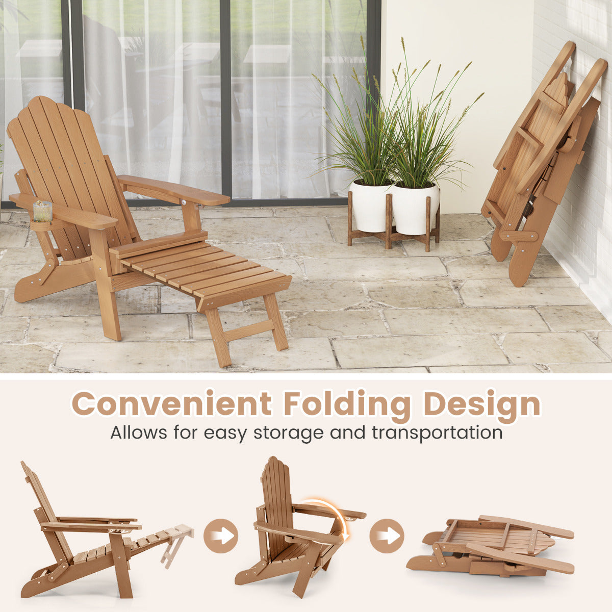All-Weather HIPS Lounge Patio Adirondack Chair with Retractable Footrest-Brown