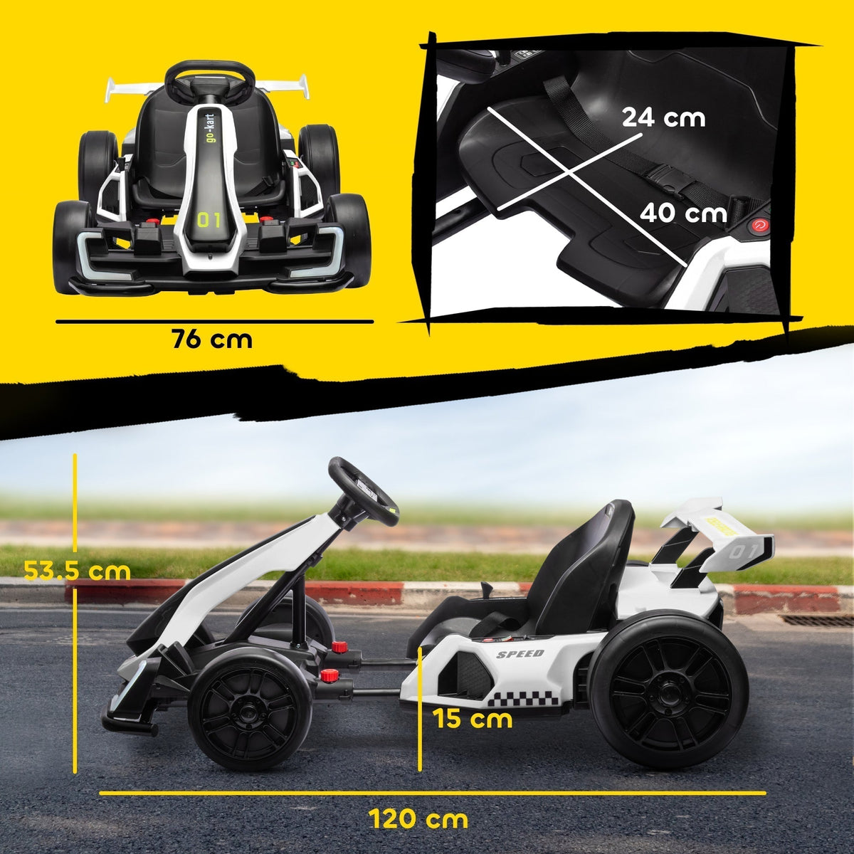 HOMCOM 24V Electric Go Kart for Kids with Adjustable Seat for 6-12 Years, White