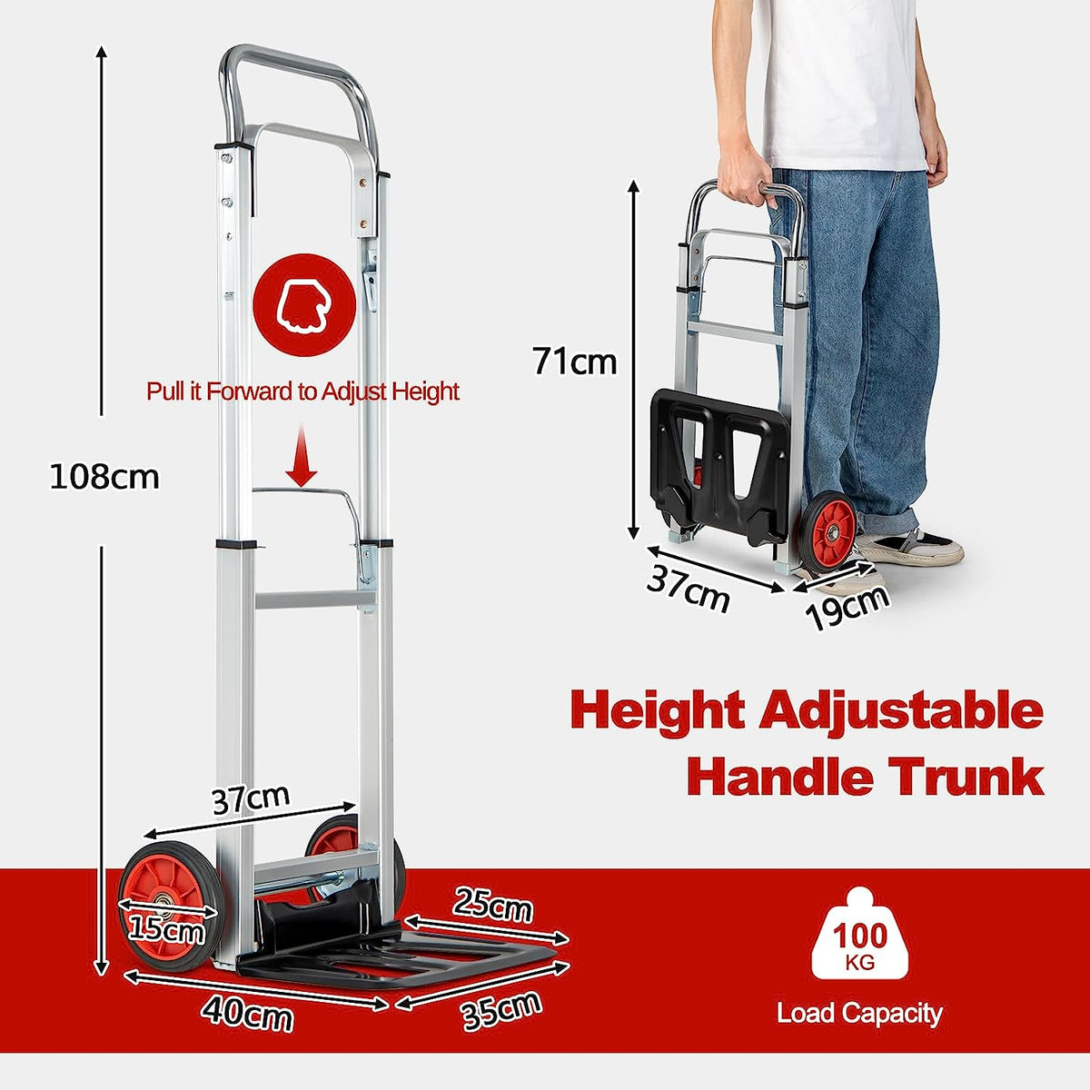 The sack truck barrow with dimensions and load capacity shown