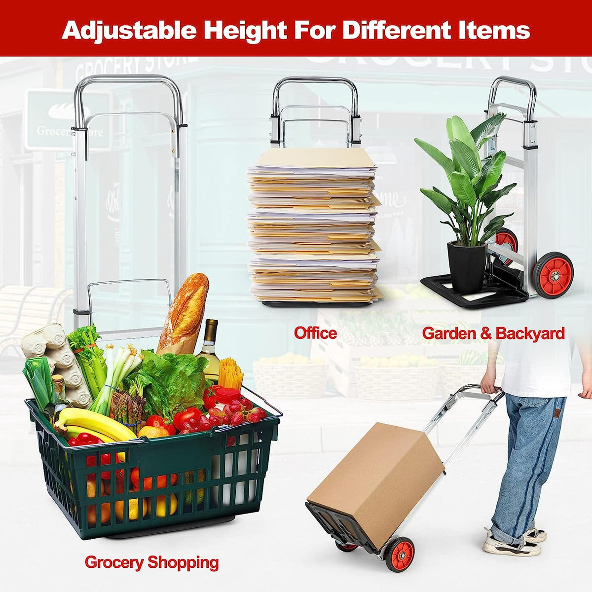 The sack truck barrow shown for grocery shopping, office and garden use