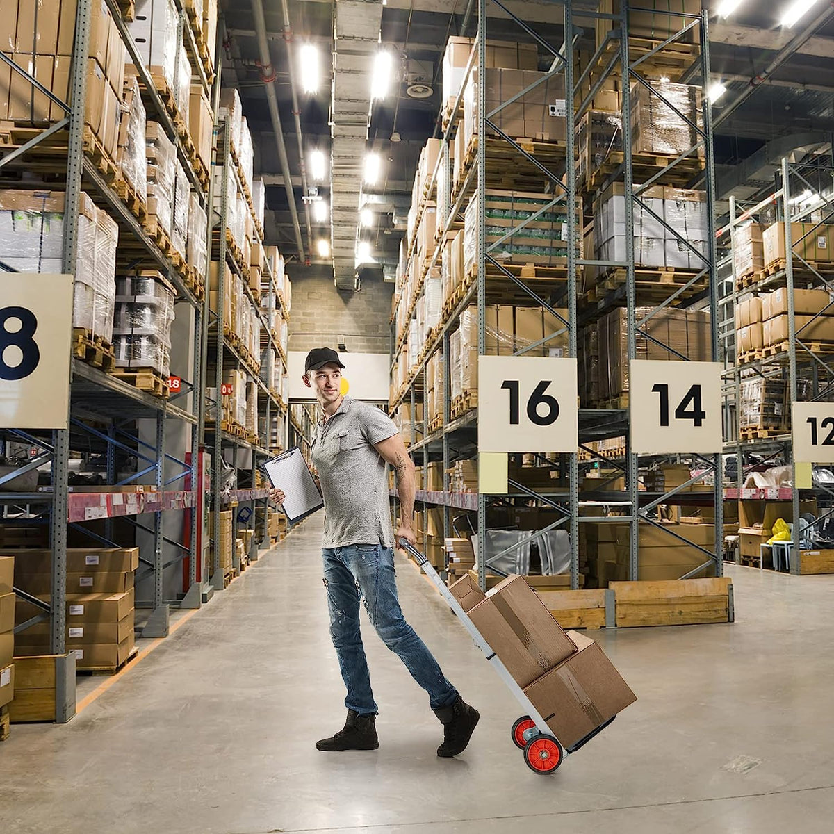 The sack truck barrow being used in a warehouse to move boxes