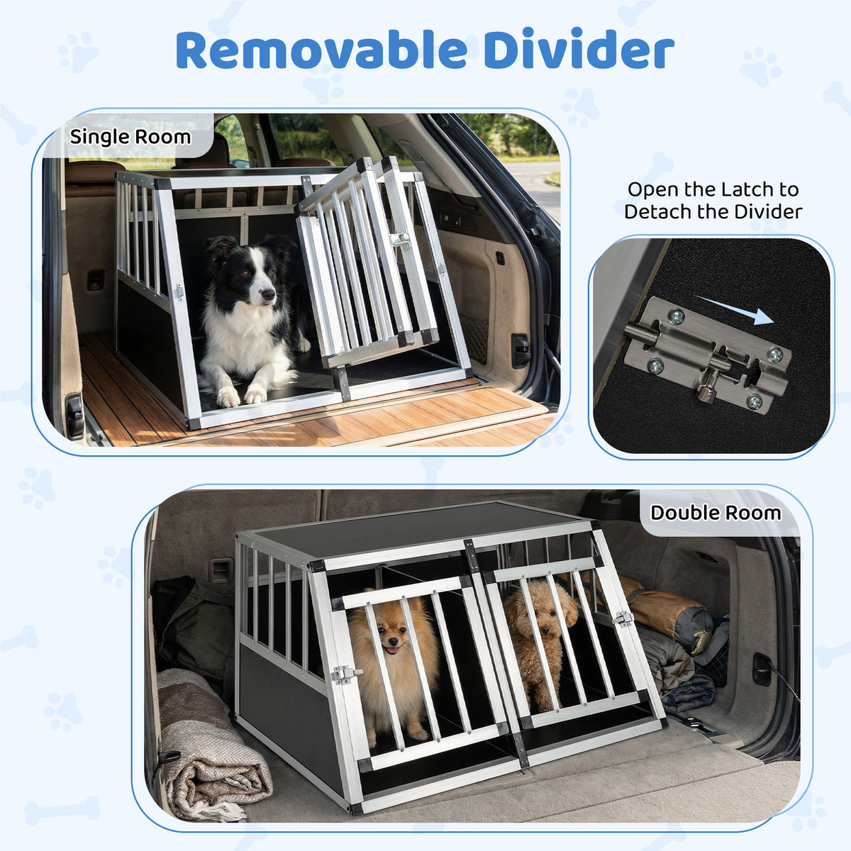 The dog transport box showing how to remove the internal divider to create different spaces