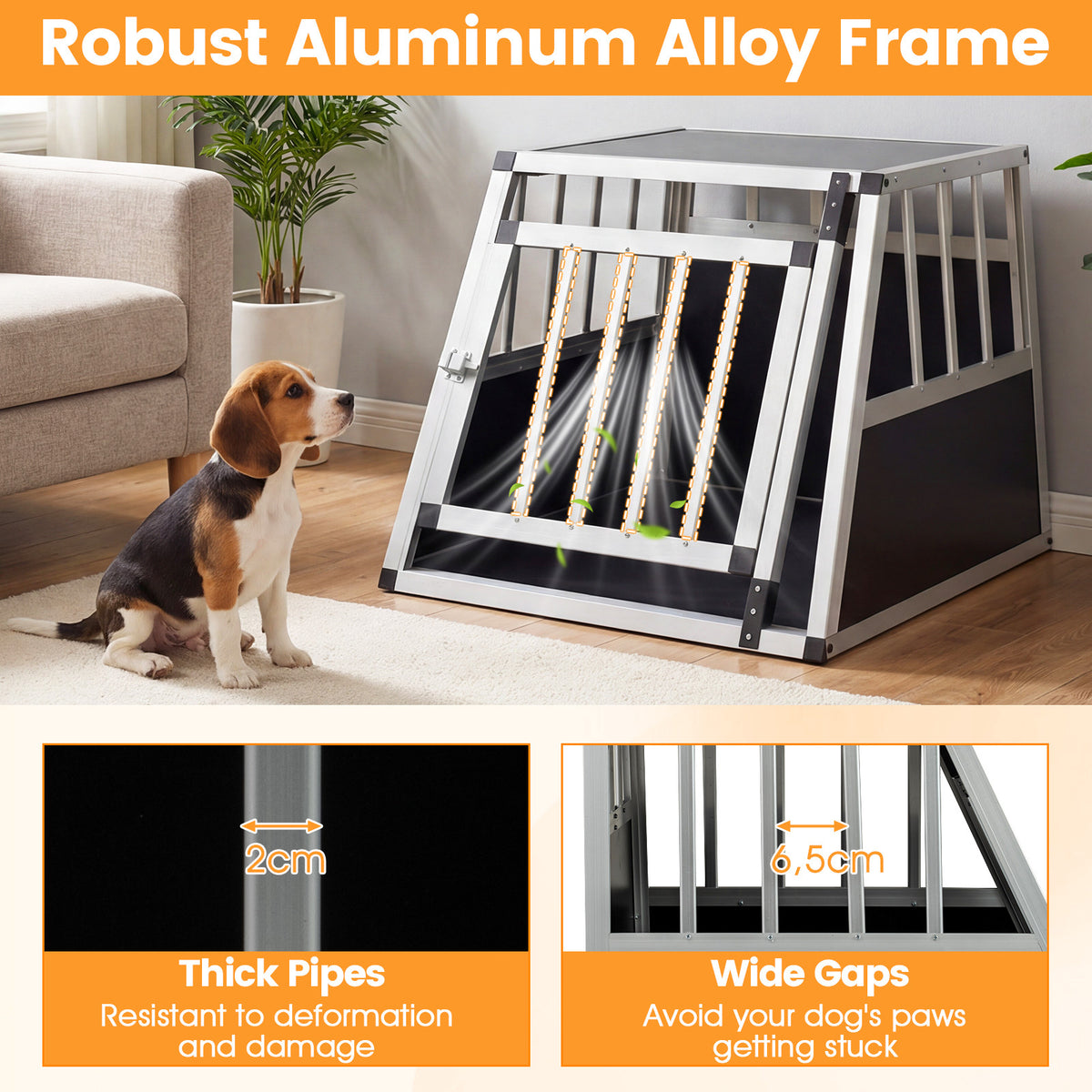 Close up of the aluminium dog transport box showing frame and bars
