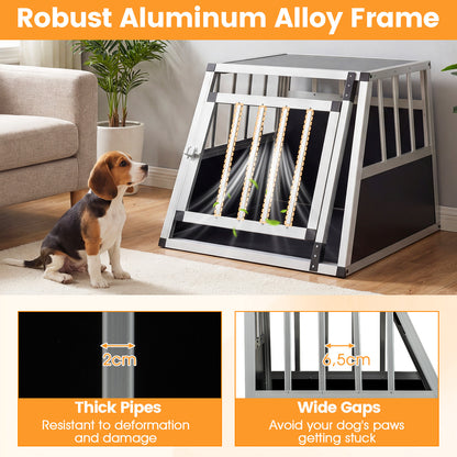 Close up of the aluminium dog transport box showing frame and bars