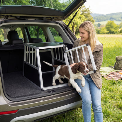 Woman taking a puppy out of an aluminium dog transport box in a car boot outdoors