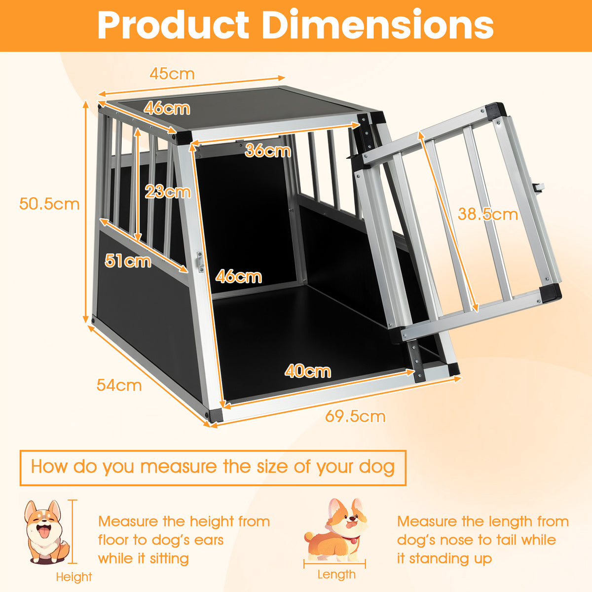 Product dimensions diagram for the aluminium dog transport box