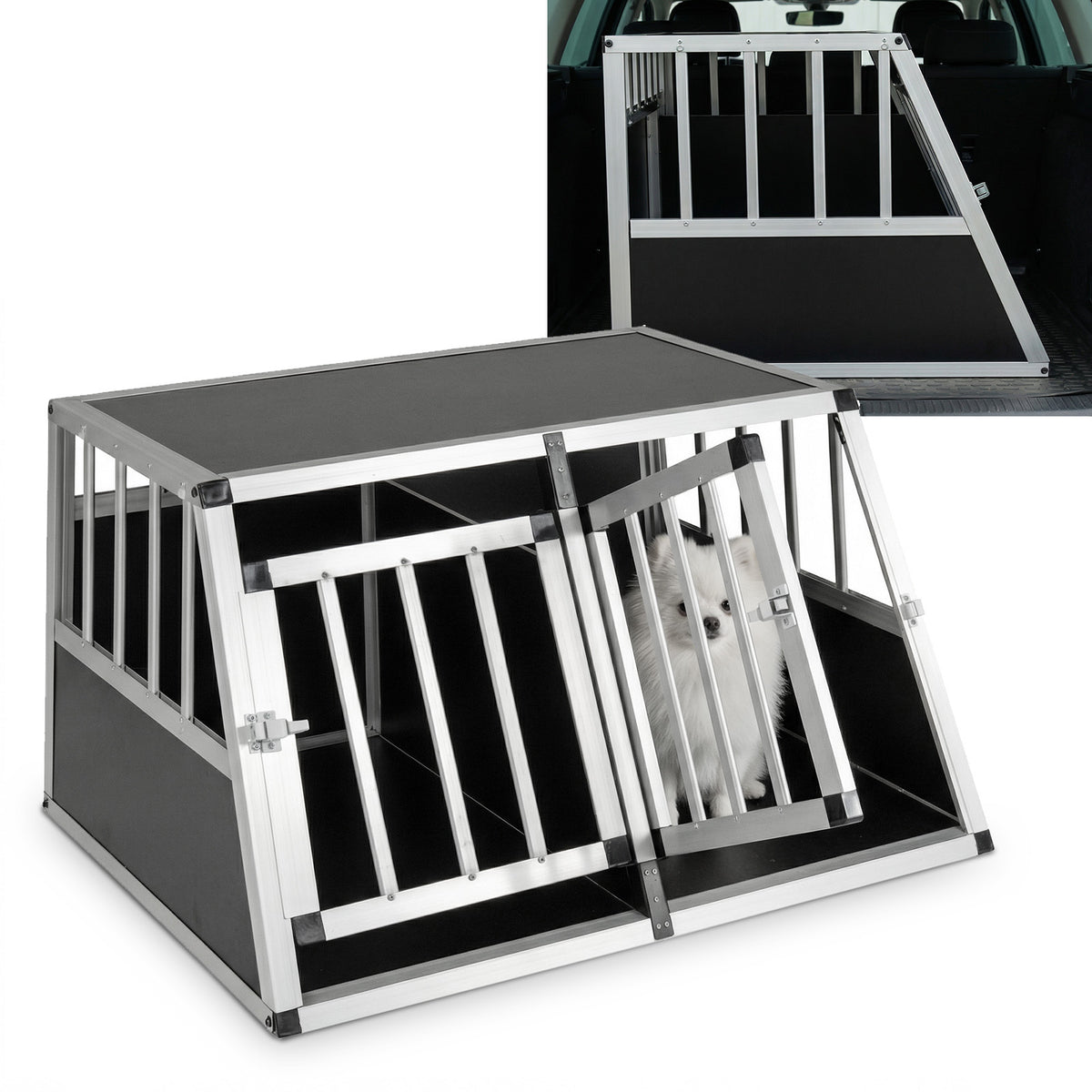 The dog transport box with one door open and a small white dog standing inside