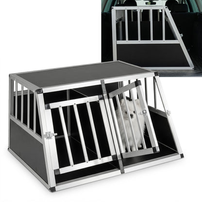 The dog transport box with one door open and a small white dog standing inside