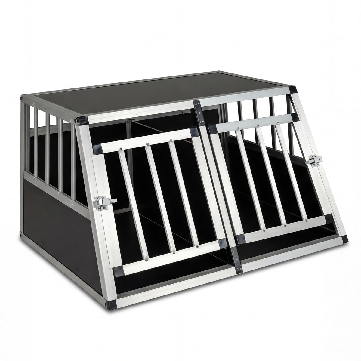 Aluminum Dog Transport Box with Lockable Door featuring two front doors and a slanted frame