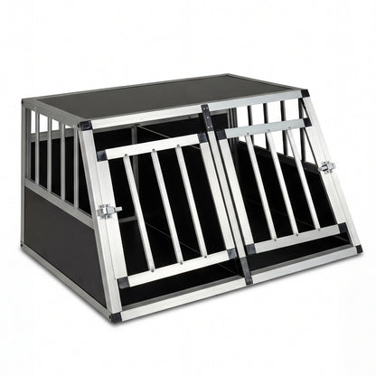 Aluminum Dog Transport Box with Lockable Door featuring two front doors and a slanted frame