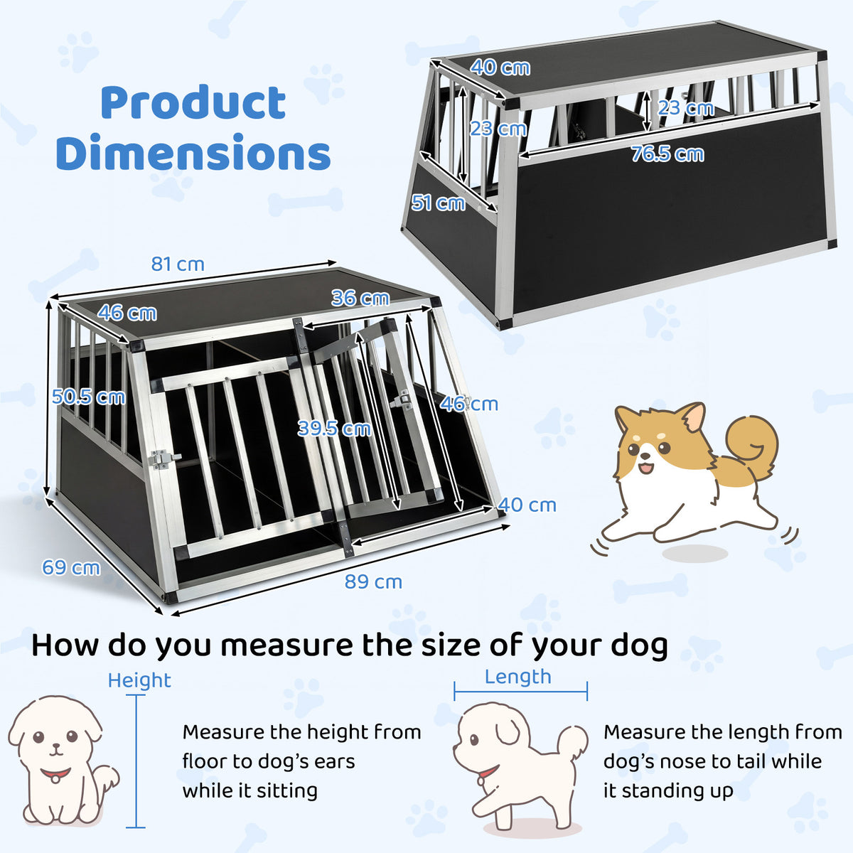 The dog transport box shown with various measurements and a guide on how to measure a dog