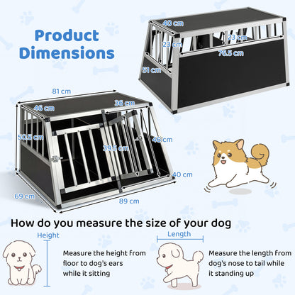 The dog transport box shown with various measurements and a guide on how to measure a dog