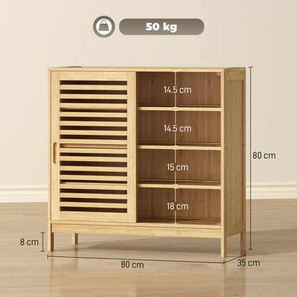HOMCOM Bamboo Shoe Cabinet with 2 Sliding Slat Doors, 16Pairs, Adjustable Shelves, Natural
