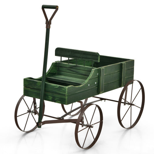 Amish Styled Wagon Plant Stand with Wheels, a green wooden wagon with rustic metal wheels and a handle